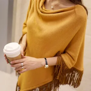 Ponchos pour femmes tricot, manteaux printemps automne, pull élégant uni, jumper avec ourlet à franges irrégulier.