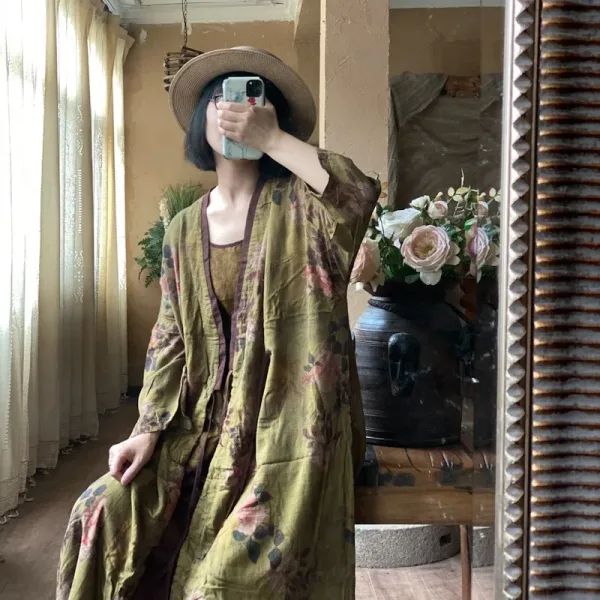 Poncho Manteau pour femme Johnature 2024, été, en coton, vintage, rétro, coupe ample, style chinois, col en V, imprimé, manches longues.