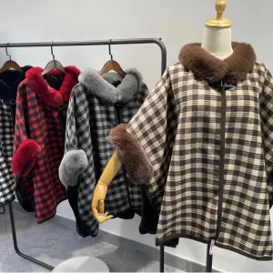 Poncho plaid Femme, Nouveau Pull Coréen avec Col en V Éclaté, Manteau en Tricot Cardigan.
