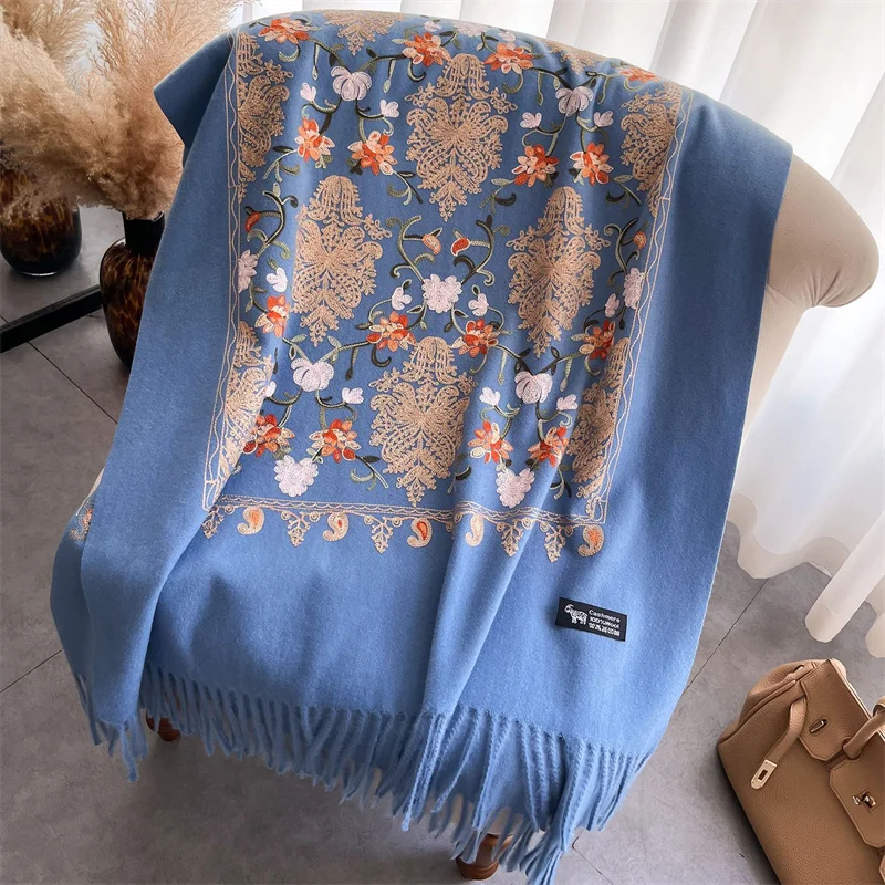 Châle à Franges Imprimé Ailes D'ange - Faux Cachemire Doux - 196x68 Cm - Écharpe D'hiver Chaude Pour Femme - Cadeau Noël