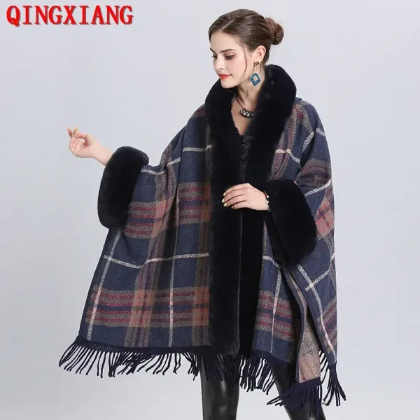 Poncho femme plaid long fausse fourrure de lapin, épais, chaud mode franges, manteau avec chapeau.