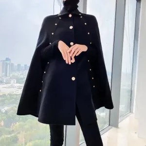 Poncho en Laine de Haute Qualité pour Femmes, Automne Hiver Mi-Long, Loose Vintage, Bouton Doré, Manteau en Laine.