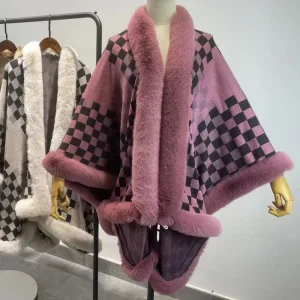 Poncho avec Col en Fourrure pour Femme Hiver 2024, Pull Coréen Femme, à Carreaux Vintage, Cardigan Tricoté.