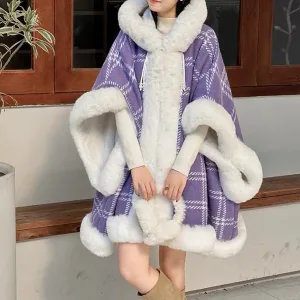 poncho à carreaux avec capuche pour l'hiver
