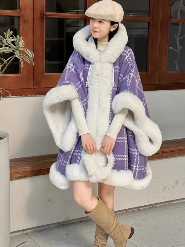Poncho à Capuche En Fausse Fourrure Pour Femme - Chaud Et Doux - Manches Chauve-souris - Écharpe, Châle, Cardigan Ouvert