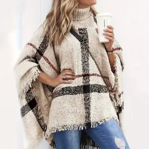 Ponchos plaid pour Femmes, Manteau loose rayé, Veste Confortable Grande taille, Écharpe à carreaux, Tricot Pull à col roulé.