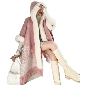 Poncho Femme en Laine, Nouvelle Mode Lâche Frange, Col en Fourrure pour Femme.