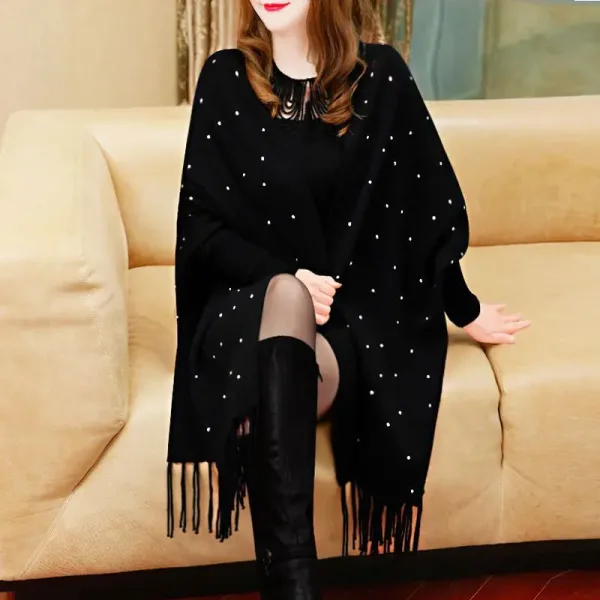 Châle poncho tricoté d'hiver à manches longues, brillante, manteau extérieur, cadeau pour femmes, 4 couleurs, perles en cristal, solide.