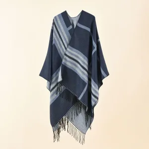 Poncho plaid pour femmes automne/hiver 2024, nouveau, grand motif à carreaux et rayures, imitation cachemire, chaud, décontracté, avec franges, bleu marine.