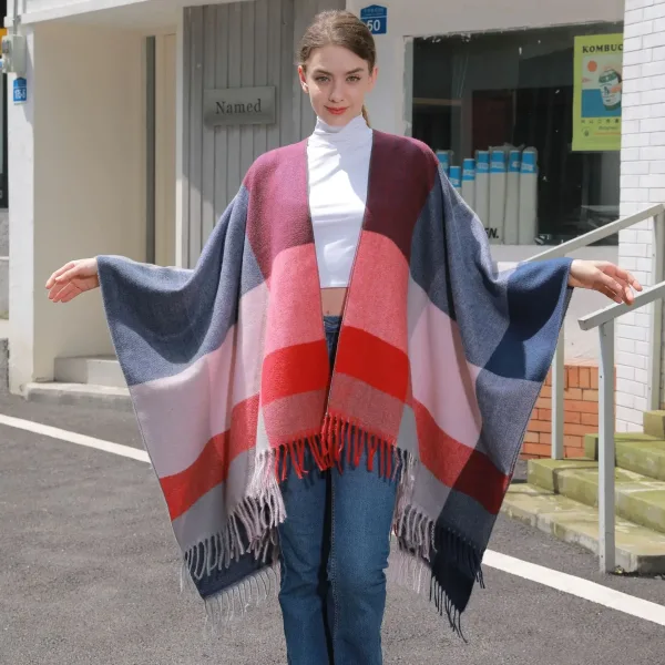 Nouveau poncho à Carreaux pour Femmes, Automne et Hiver, Classique Jacquard avec Franges, Cardigan Tricoté.