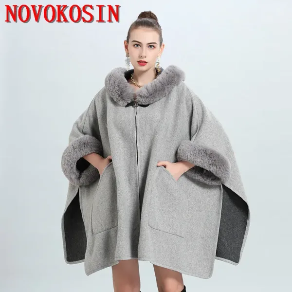 Poncho en fausse fourrure de laine, ample, épais, manteau d'hiver, cardigan long pour femmes, vêtement de rue, manteau avec poche et chapeau.