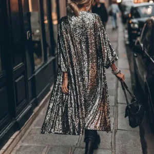Poncho Manteau pour femme à manches 3/4, cardigan à fermeture ouverte, coupe ample, manteau à sequins brillants, veste mi-longue, cape pour femmes, vêtement quotidien.